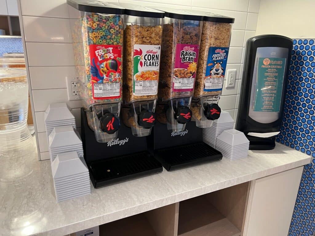 cereal dispensers with Fruit Loops, Corn Flakes, Raisin Bran & Frosted Flakes