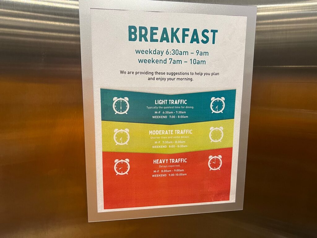 Sign in elevator showing Breakfast times at Hyatt PCB.