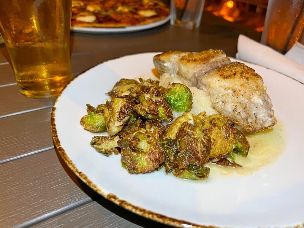 Snapper, brussel sprouts and mashed potatoes for dinner at Coconut Charlie's restaurant in PCB