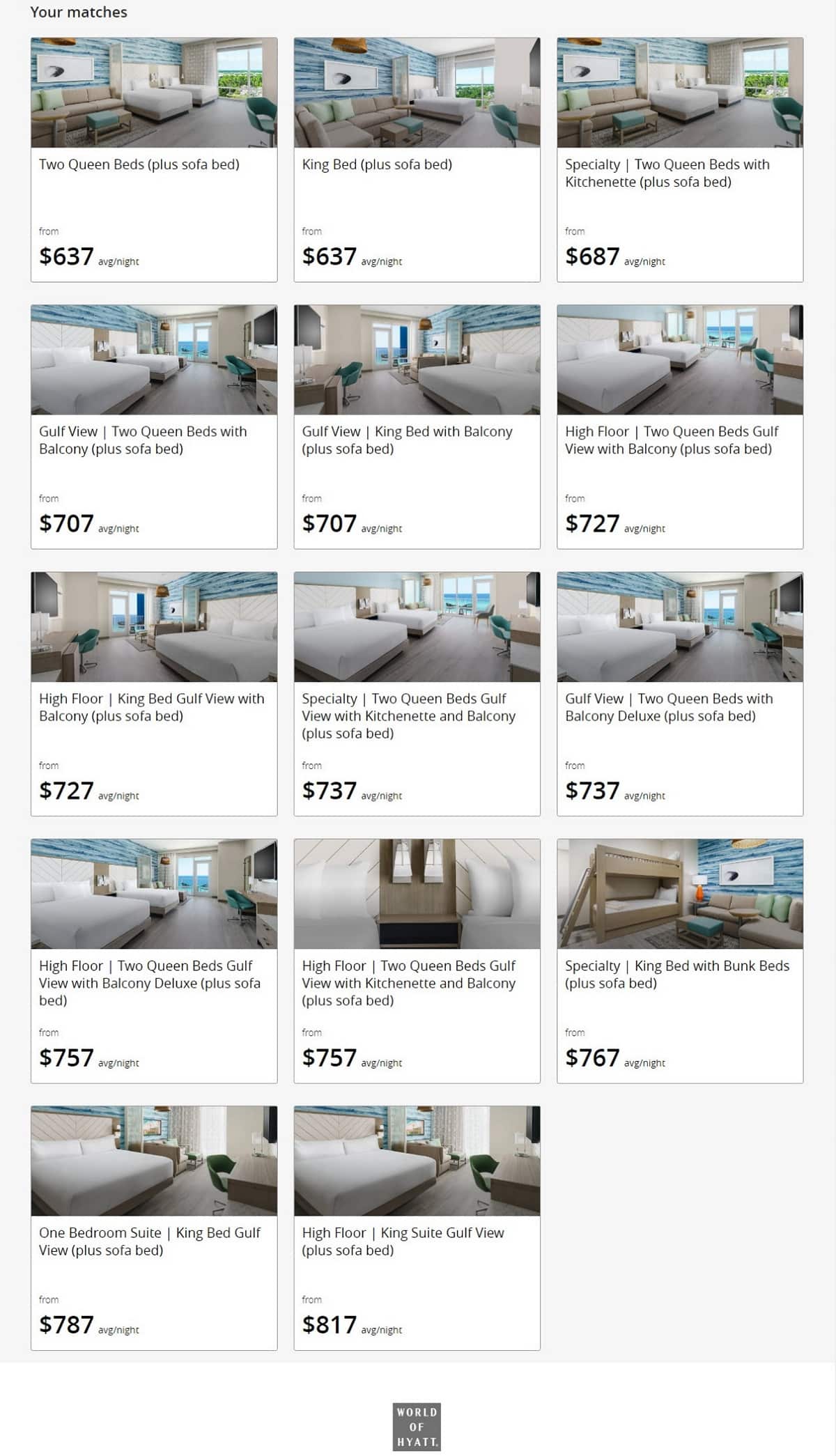 screenshot of room types and prices for Hyatt Place PCB