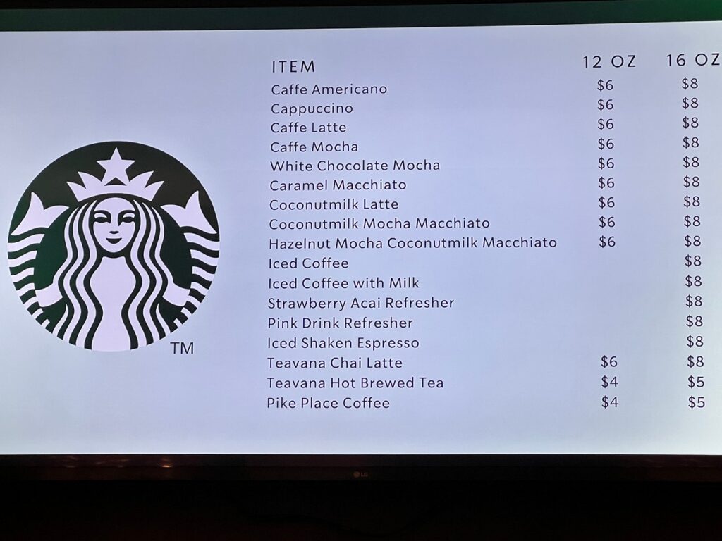 Starbucks menu inside Hyatt Place PCB