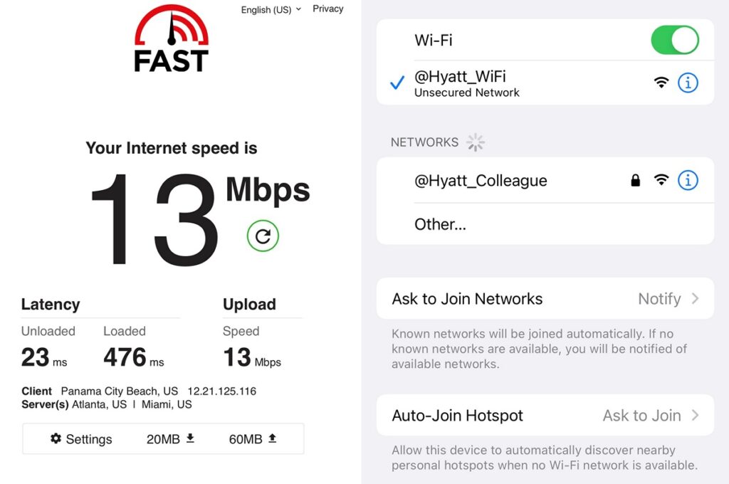 screenshot of fast.com download speed test shows 13 MB download