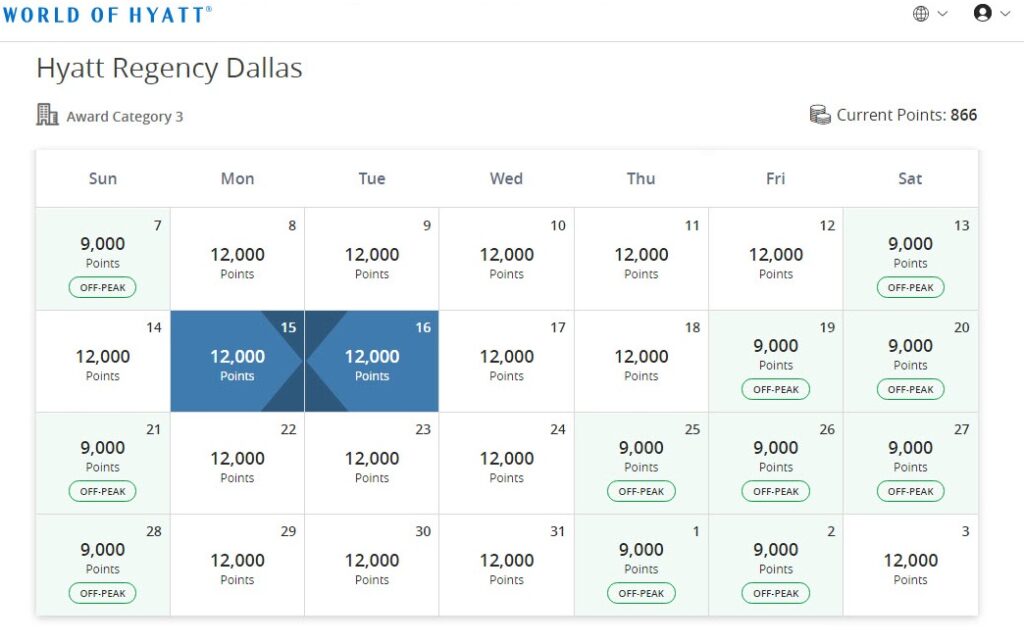 screenshot of  Hyatt Regency Dallas points calendar