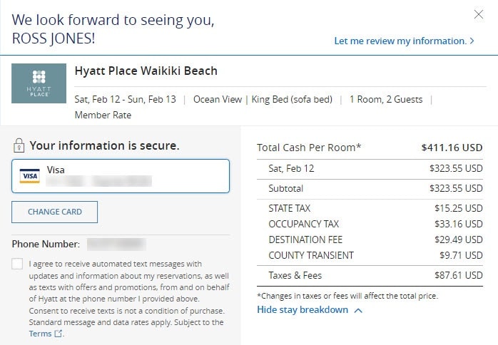 cash per room and taxes for Hyatt Regency Waikiki Beach