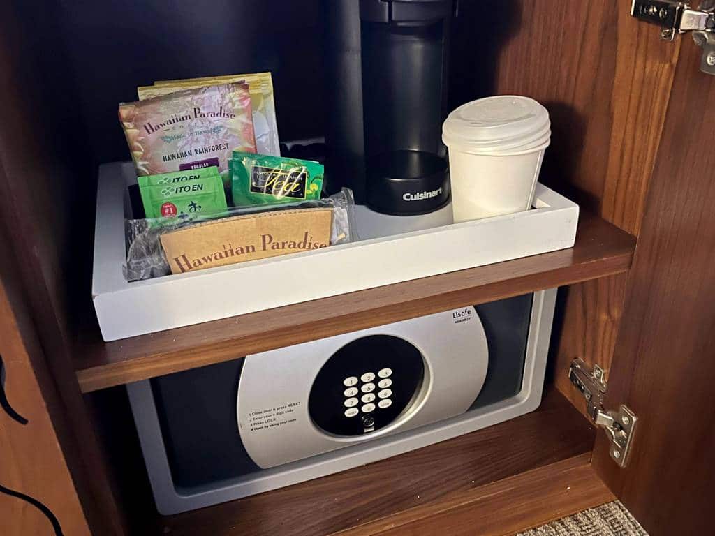 hotel room safe and coffee maker