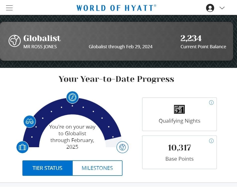 World of Hyatt screenshot showing 54 qualifying nights toward Globalist status