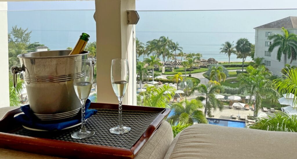 Globalist welcome gift of Champagne on balcony of Hyatt Zilara Jamaica All Inclusive Resort