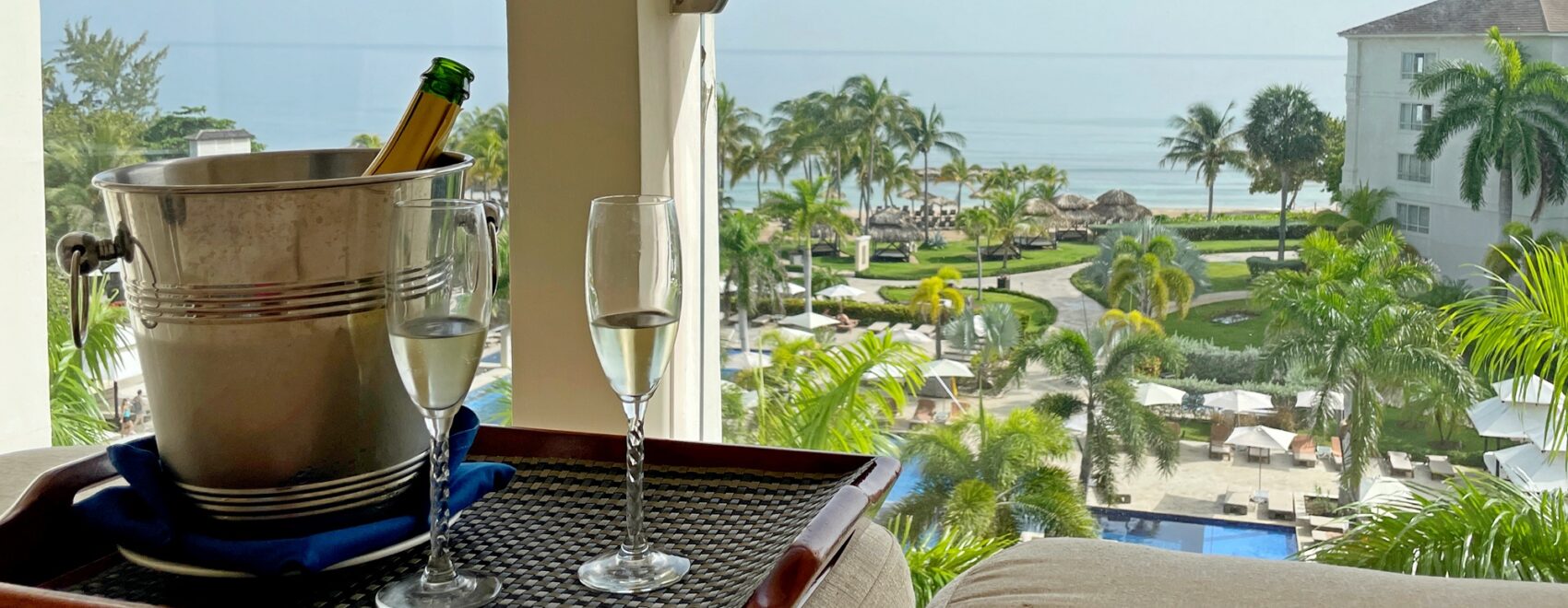 Globalist welcome gift of Champagne on balcony of Hyatt Zilara Jamaica All Inclusive Resort