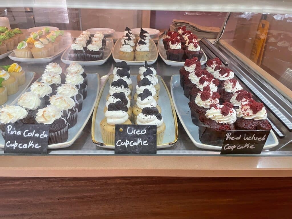3 different kinds of cupcakes in the sweet shop at Hyatt Ziva Rose Hall in Jamaica