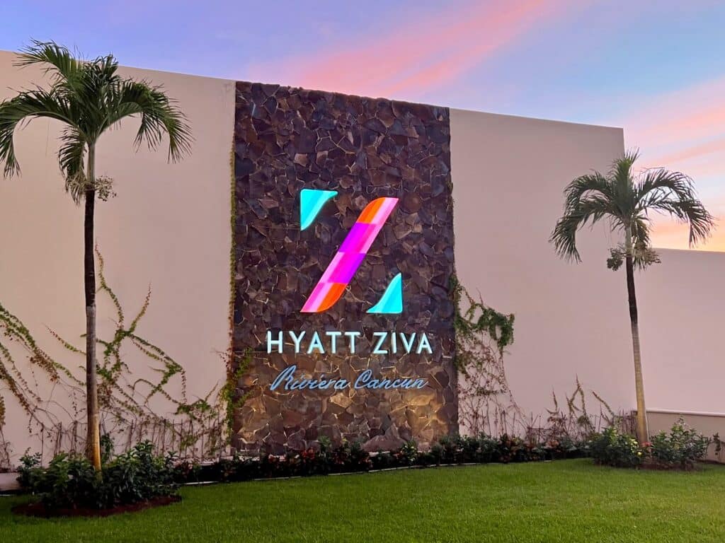 Hyatt Ziva logo with palm trees at the Hyatt All Inclusive Riviera Cancun Resort.