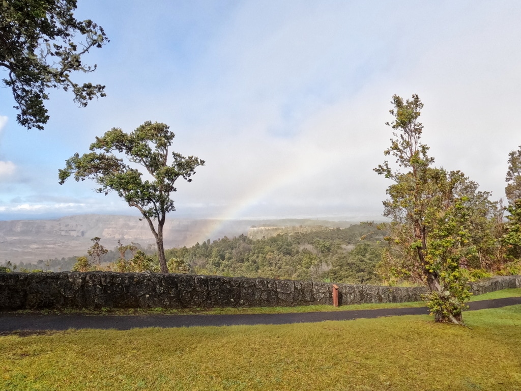Kilauea Volcano rainbow as seen from our Volcano House hotel room.