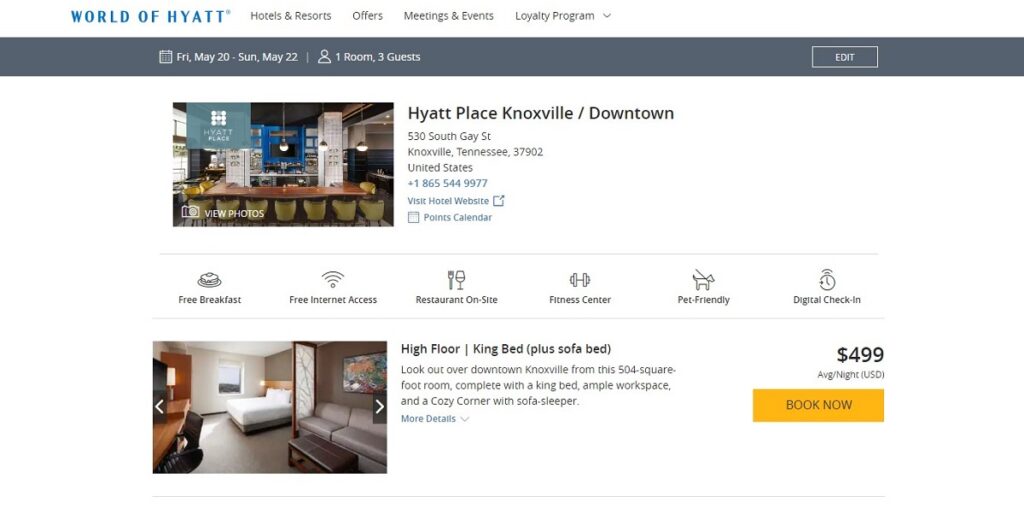 screen shot of Hyatt Place Knoxville cash rates for rooms