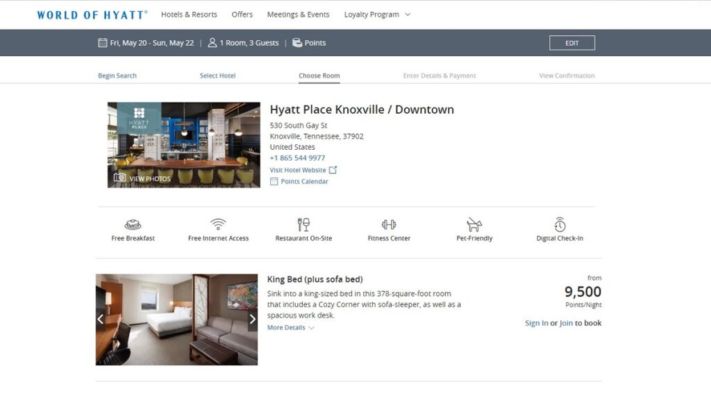 screen shot of Hyatt Place Knoxville award points rates for rooms