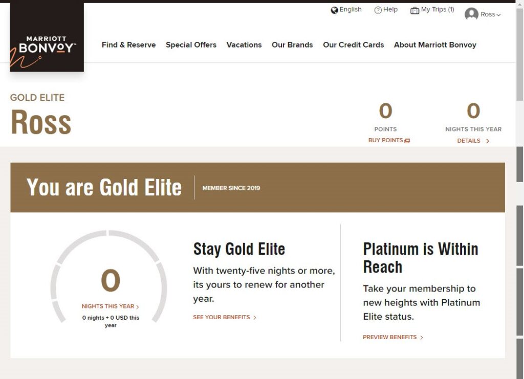 Screenshot of my Marriott Bonvoy loyalty program dashboard showing Gold Elite status.