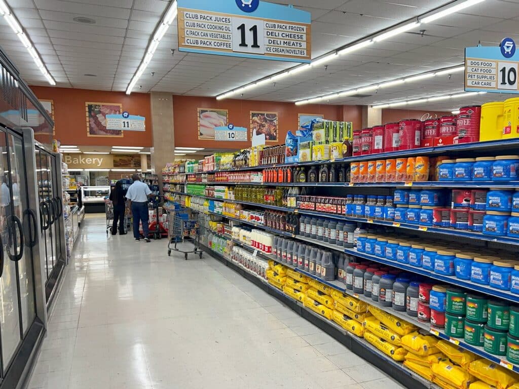 Grocery store aisle on the way to Baha Mar resort in Nassau.