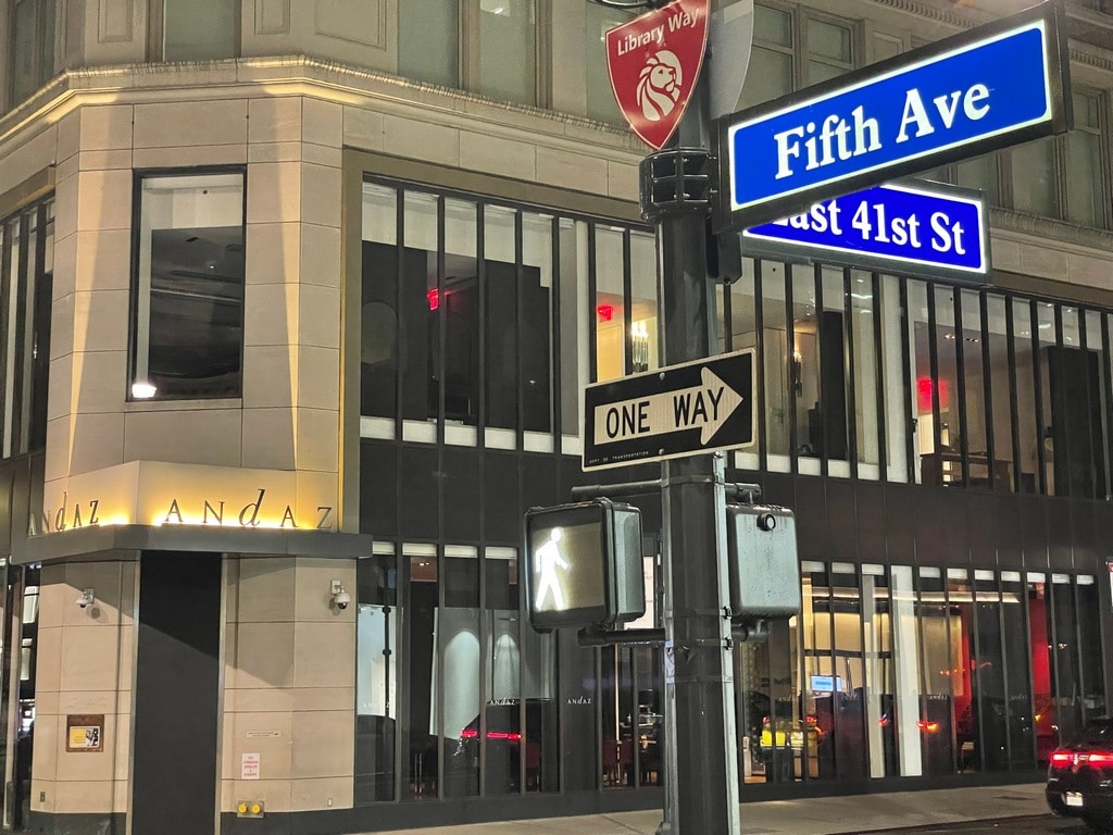street sign for Fifth Ave and East 41st St in NYC in front of the Andaz Hotel