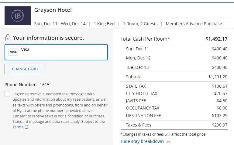 cash price of Grayson Hotel for 3 nights $1492.17