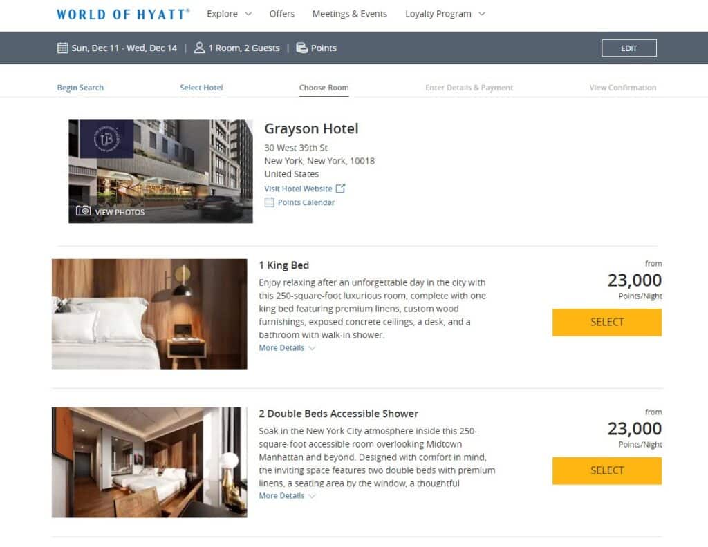 award rates for rooms at the Grayson Hotel NYC were 23,000 points per night for a free room