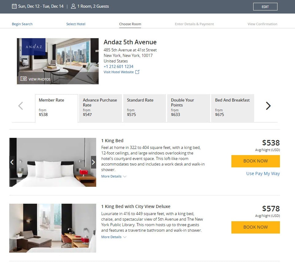 screenshot of cash prices for Hyatt Andaz 5th Avenue rooms