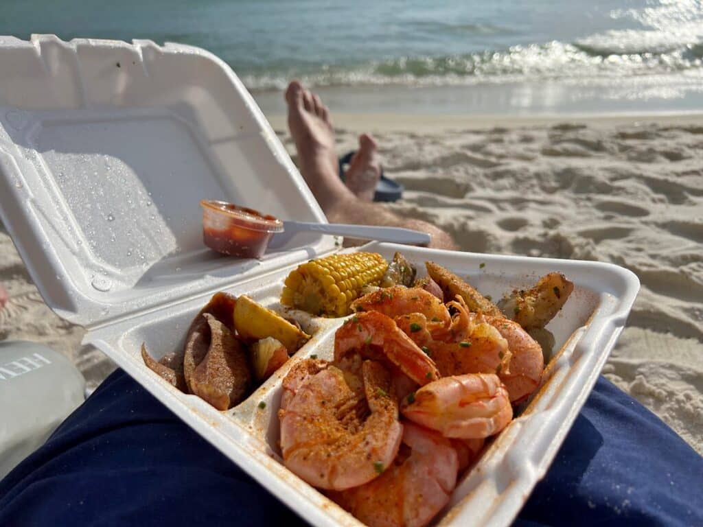 Shrimp from Local Steamer seafood on the beach in Panama City Beach