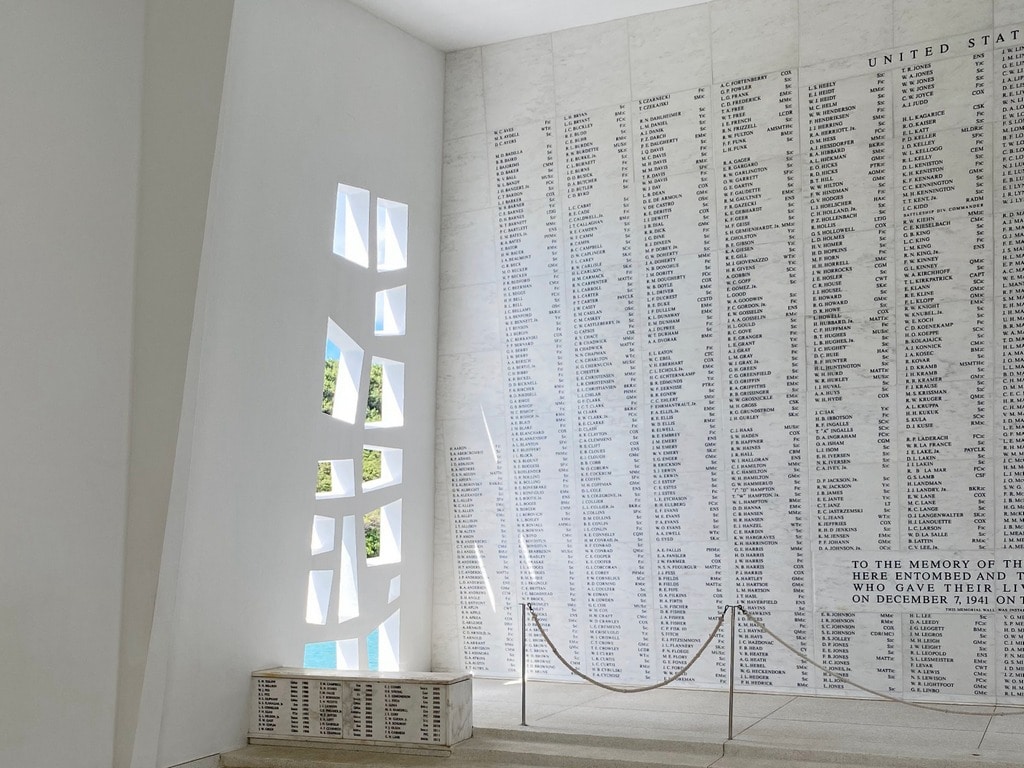 Tree of Life design next to the wall of lives lost on the USS Arizona Memorial in Pearl Harbor