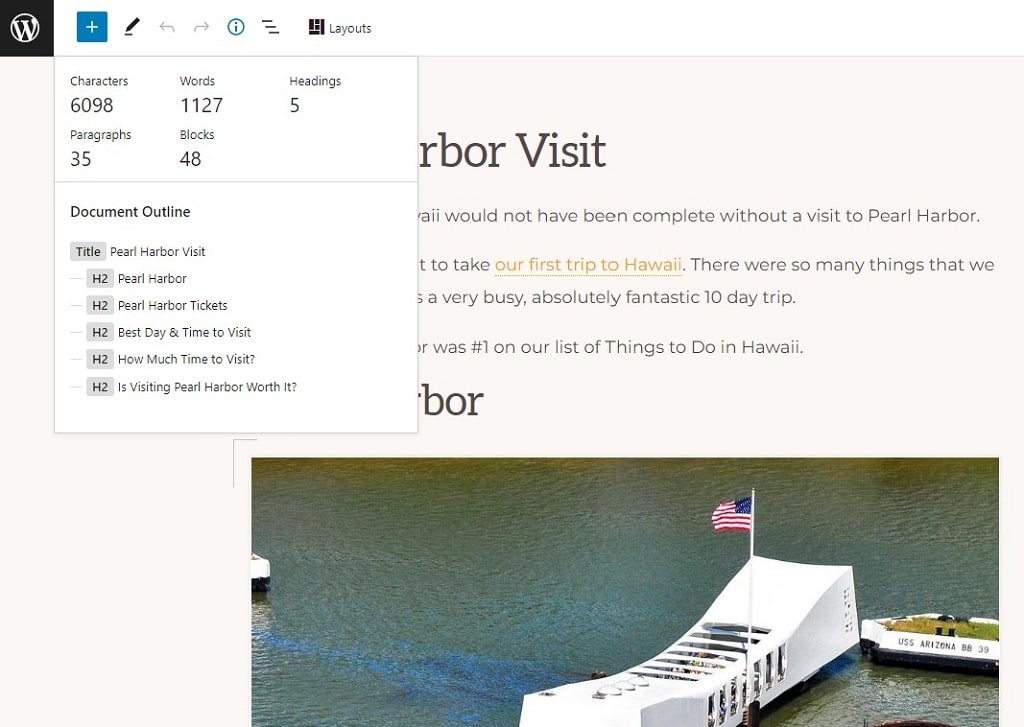wordpress shows the title and headings of this travel blog post for good SEO