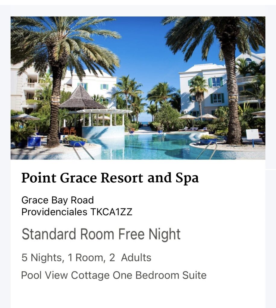 screenshot of Points Grace Resort in Turks and Caicos confirmation of 5 nights free