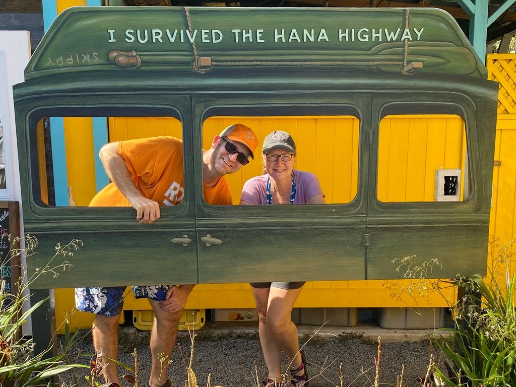 Façade of bus with "I survived the Hana Highway" for pictures