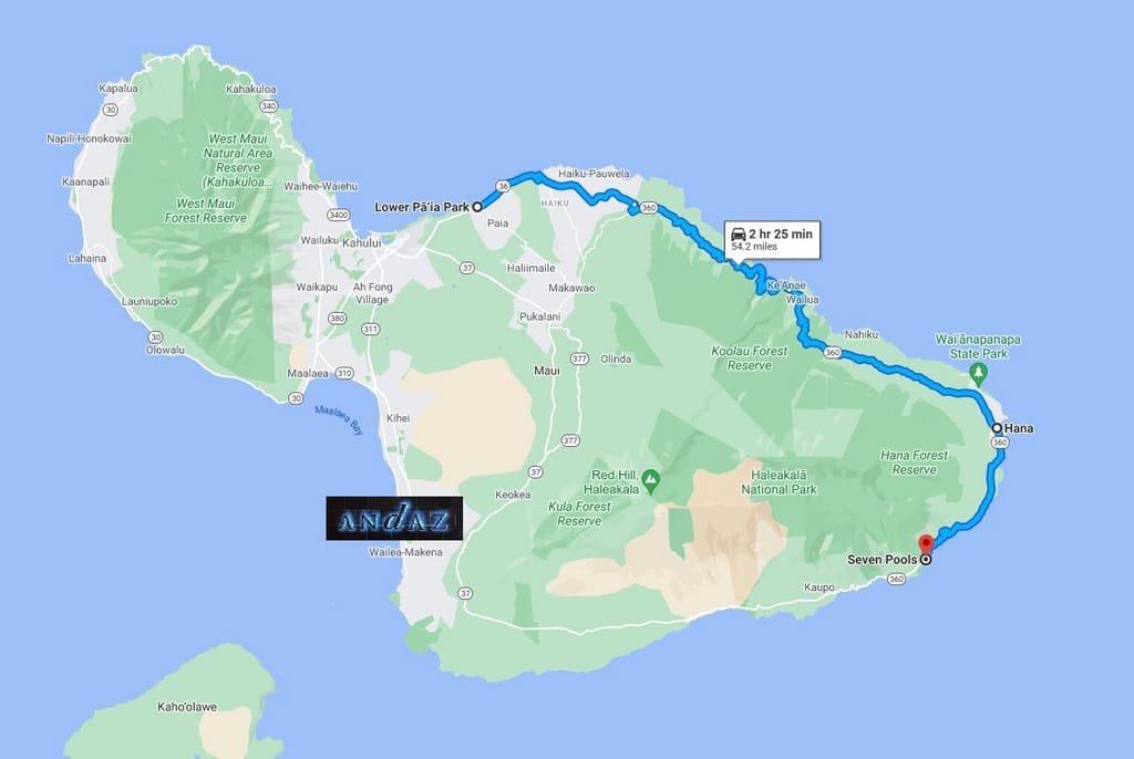 Road to Hana Map with marker for location of Andaz Maui at Wailea - a concept by Hyatt