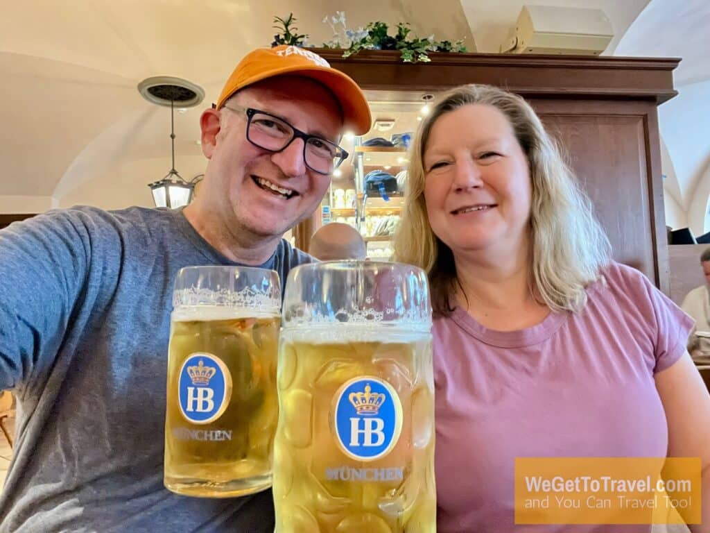 Ross and Sandra toasting with beer at Hofbräuhaus in Munich