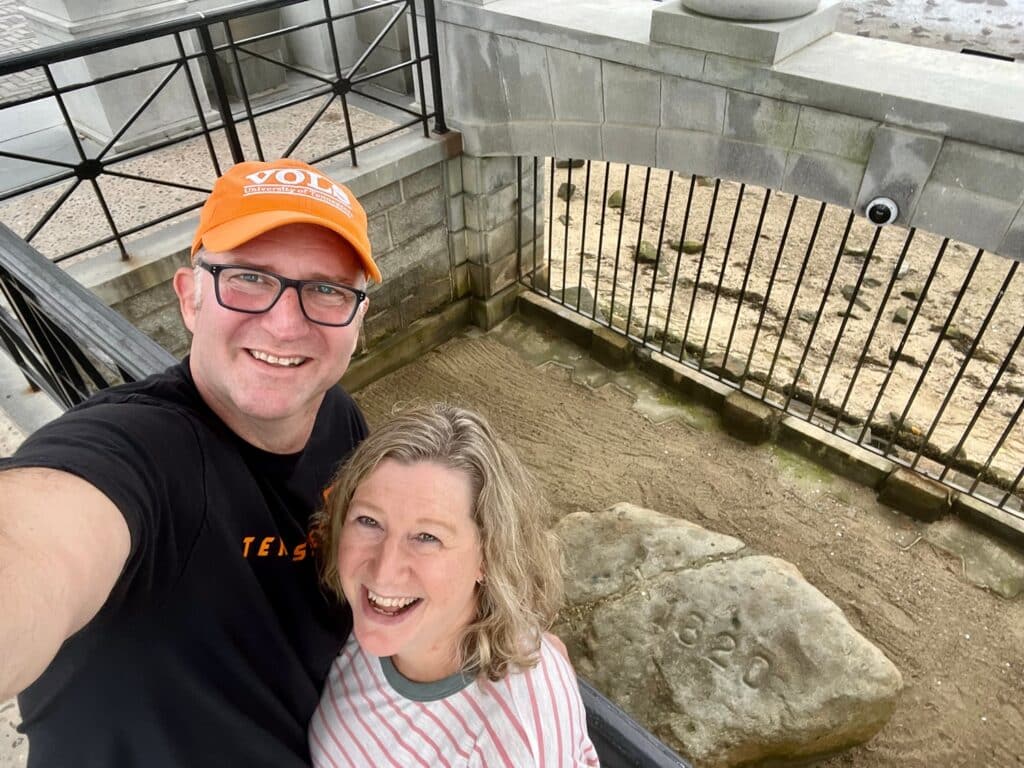 Ross and Zuzu in front of Plymouth Rock
