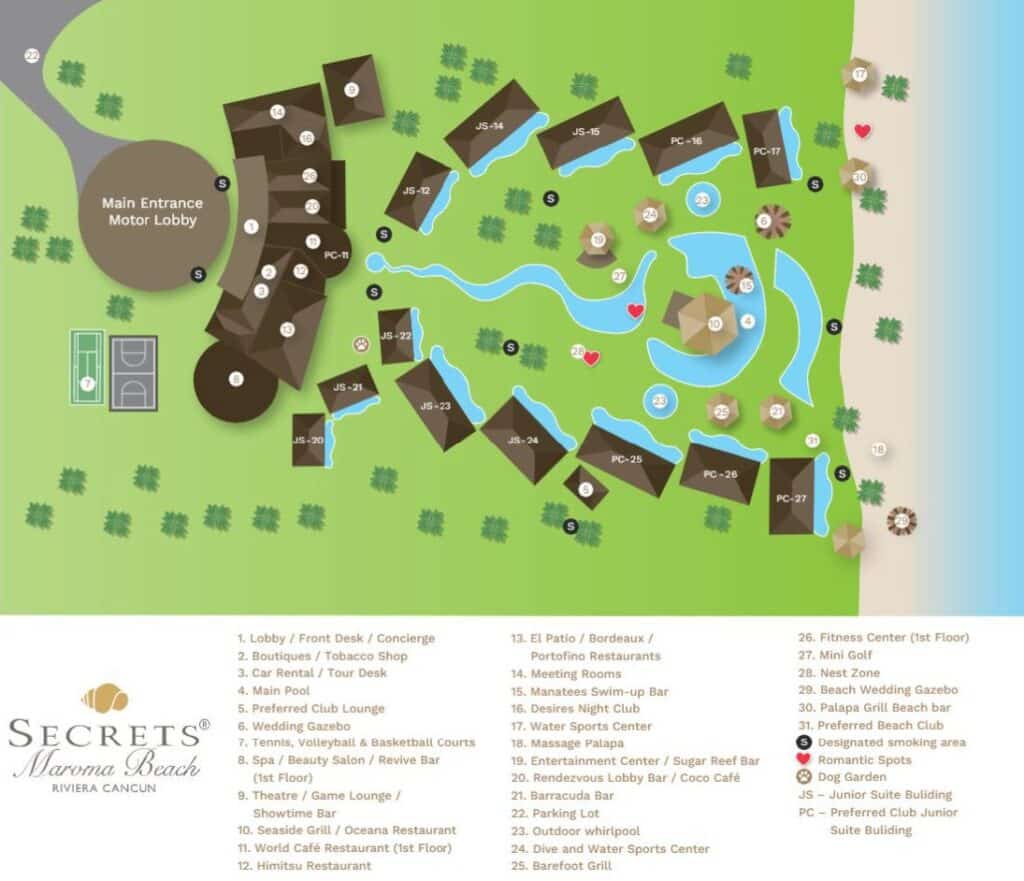 Secrets Maroma Beach resort map with labels for buildings, pools, beach. restaurants and bars