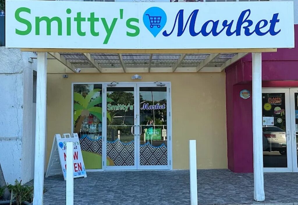 Front door and sign of Smitty's Market near Baha Mar.