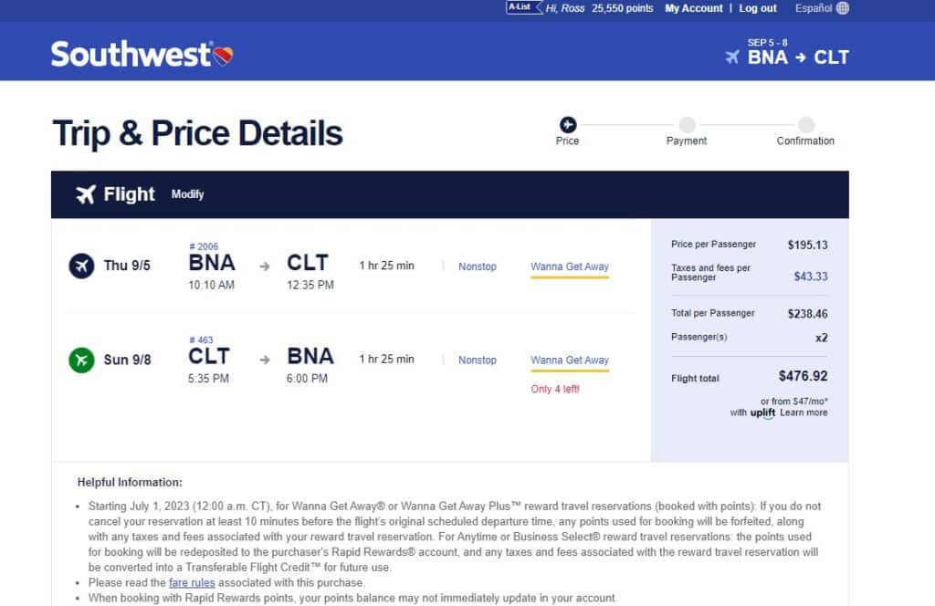 screenshot of Southwest flight prices for BNA to CLT