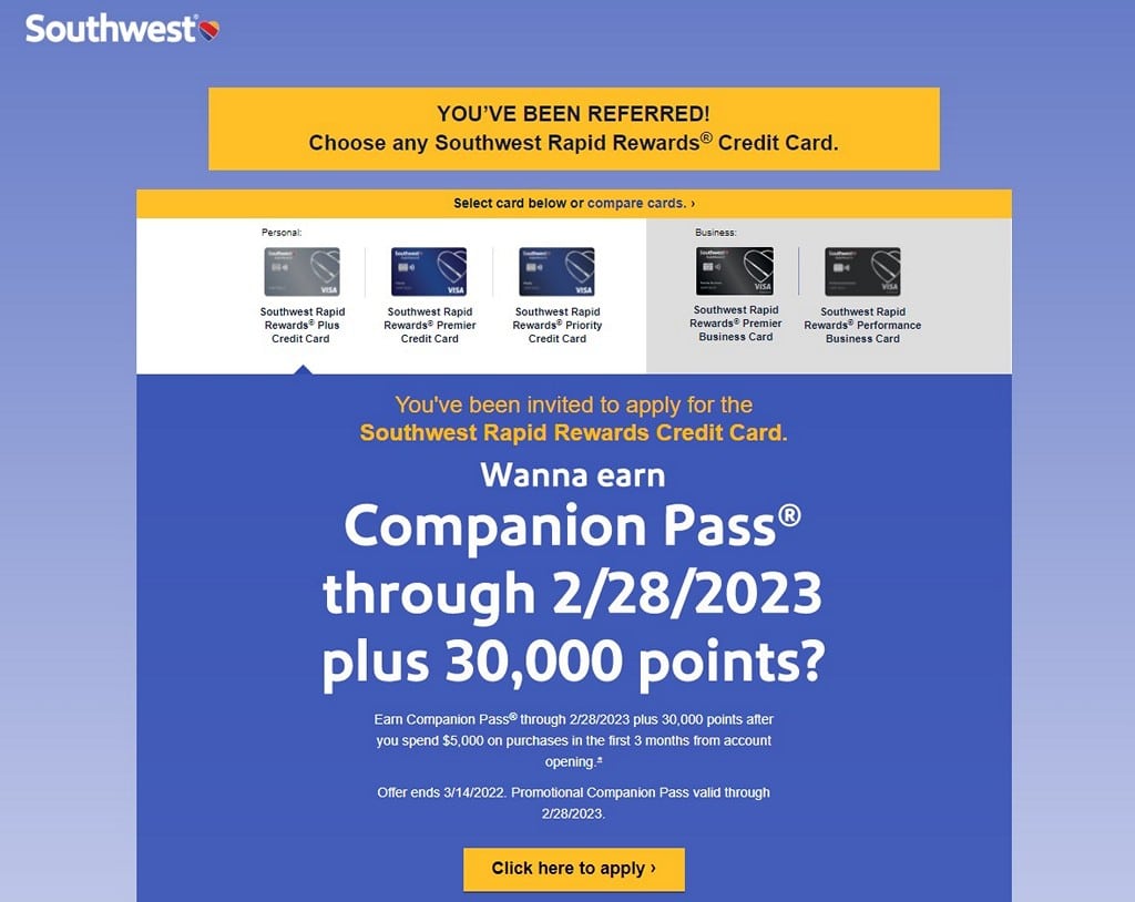 Southwest Companion Pass offer for Chase SWA Rapid Rewards Credit Card landing page