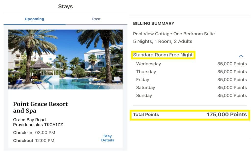 hyatt confirmation of 5 free nights on points at Point Grace Resort in Turks and Caicos