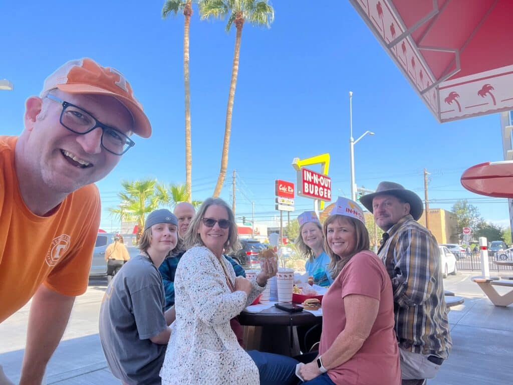 friends eating at In N Out Burger in Last Vegas