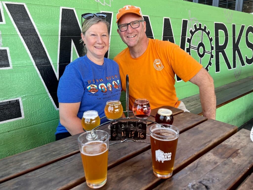 Ross and Sandra at Las Vegas Brewery with a flight of local beer.