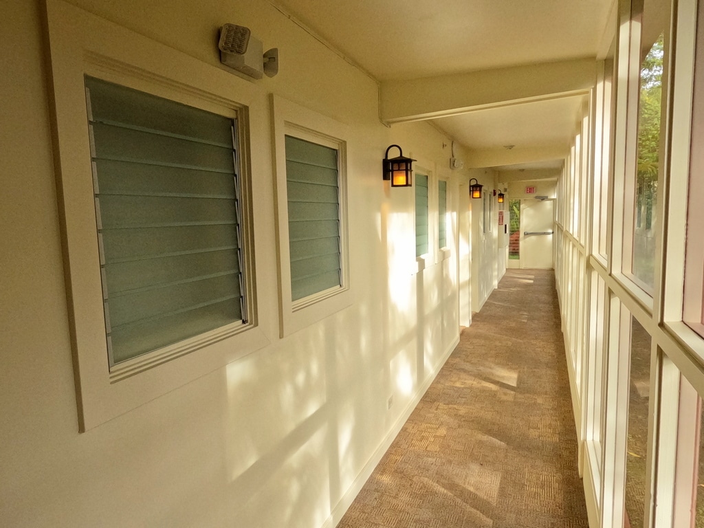 Hallway to guest rooms at Volcano House Hotel