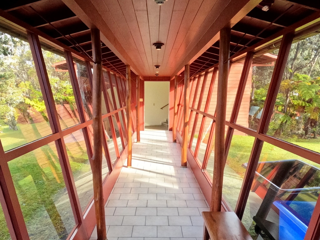 Glass hallway connecting the 2 buildings at Volcano House.