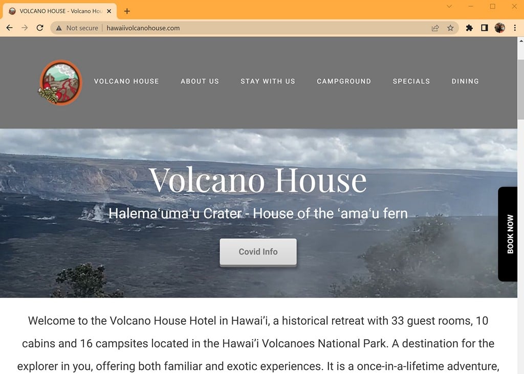 Screenshot of the non-secure website for Volcano House Hotel.