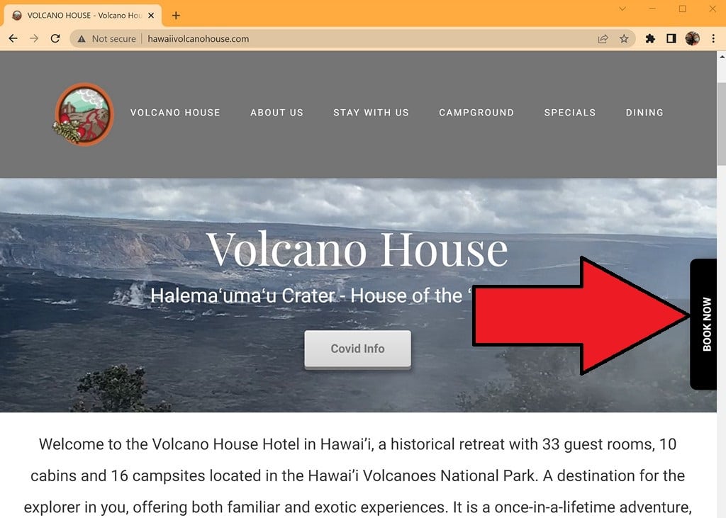 Red arrow pointing out Book Now button on homepage of Volcano House Hotel website.