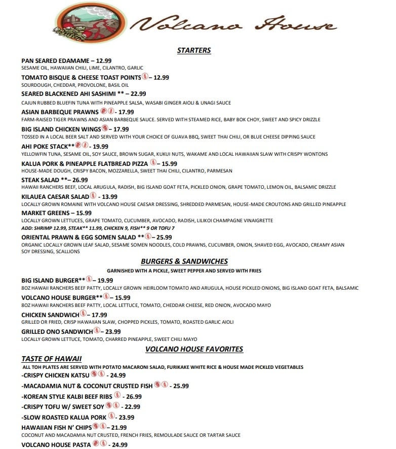Updated menu for the Volcano House restaurants.