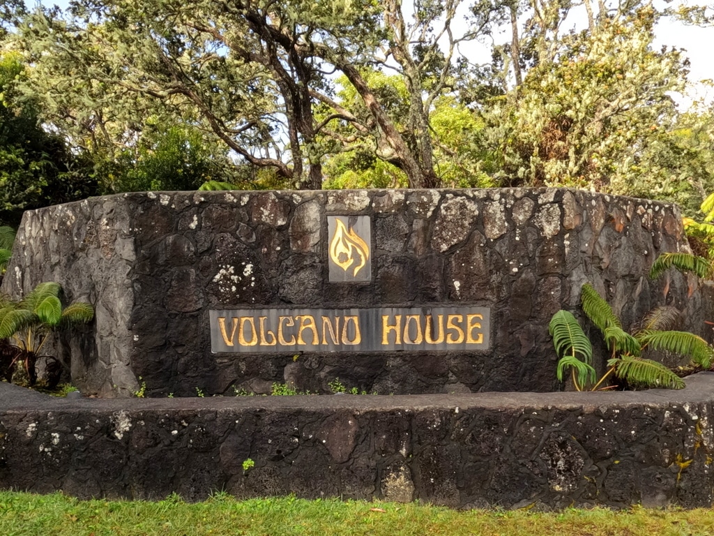 Sign for Volcano House at Kilauea Volcano National Park on Big Island of Hawaii