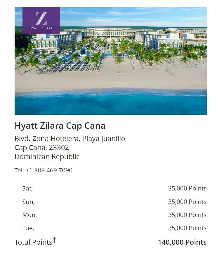 screenshot of reservation to Hyatt Zilara Cap Cana All Inclusive Resort