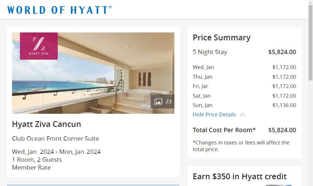 free ocean front corner suite at Hyatt Ziva Cancun All Inclusive resort instead of $5824