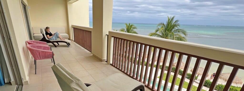 Zuzu on balcony of all inclusive resort